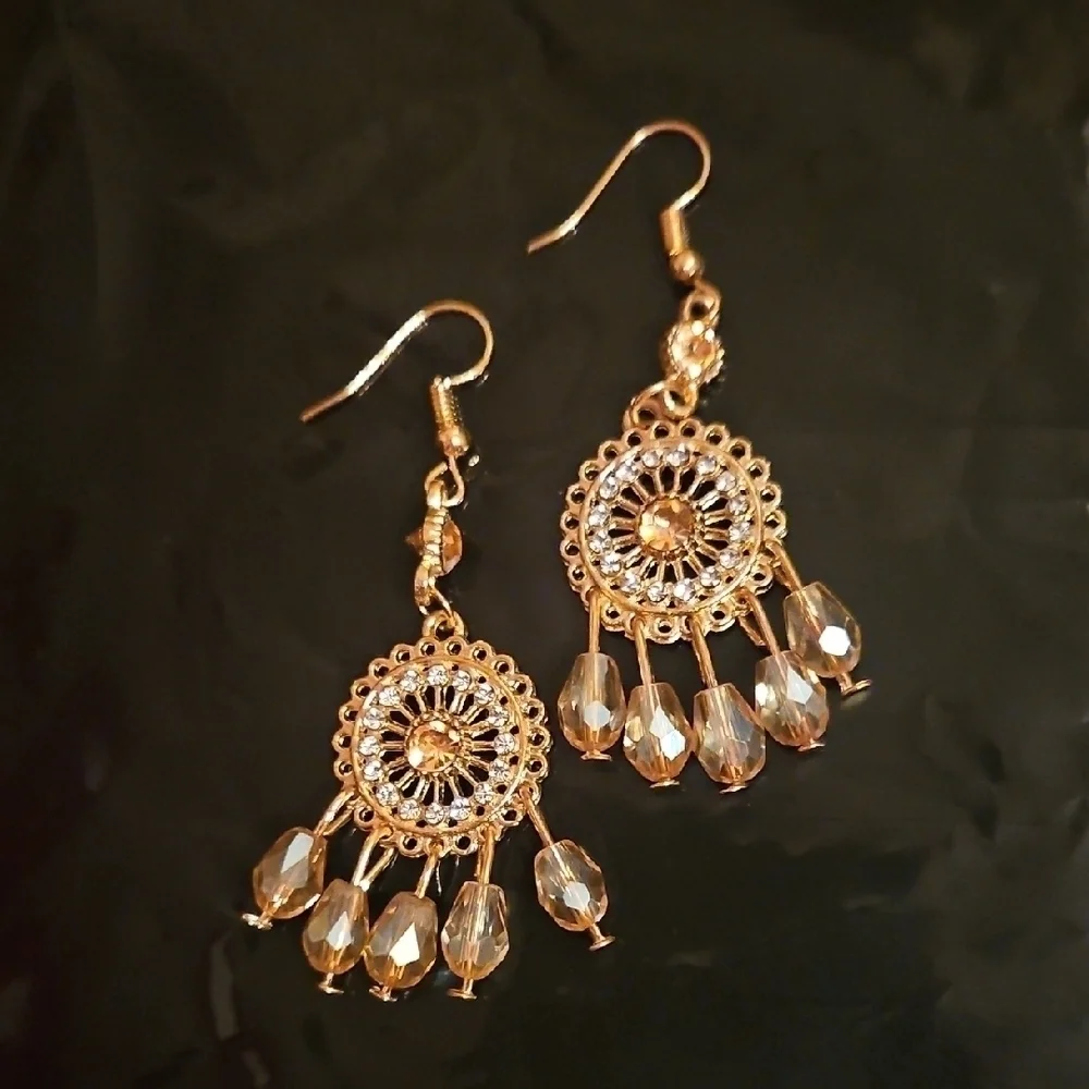 Gold Tone and Crystal Earrings, Dreamcatcher Shape, NWT